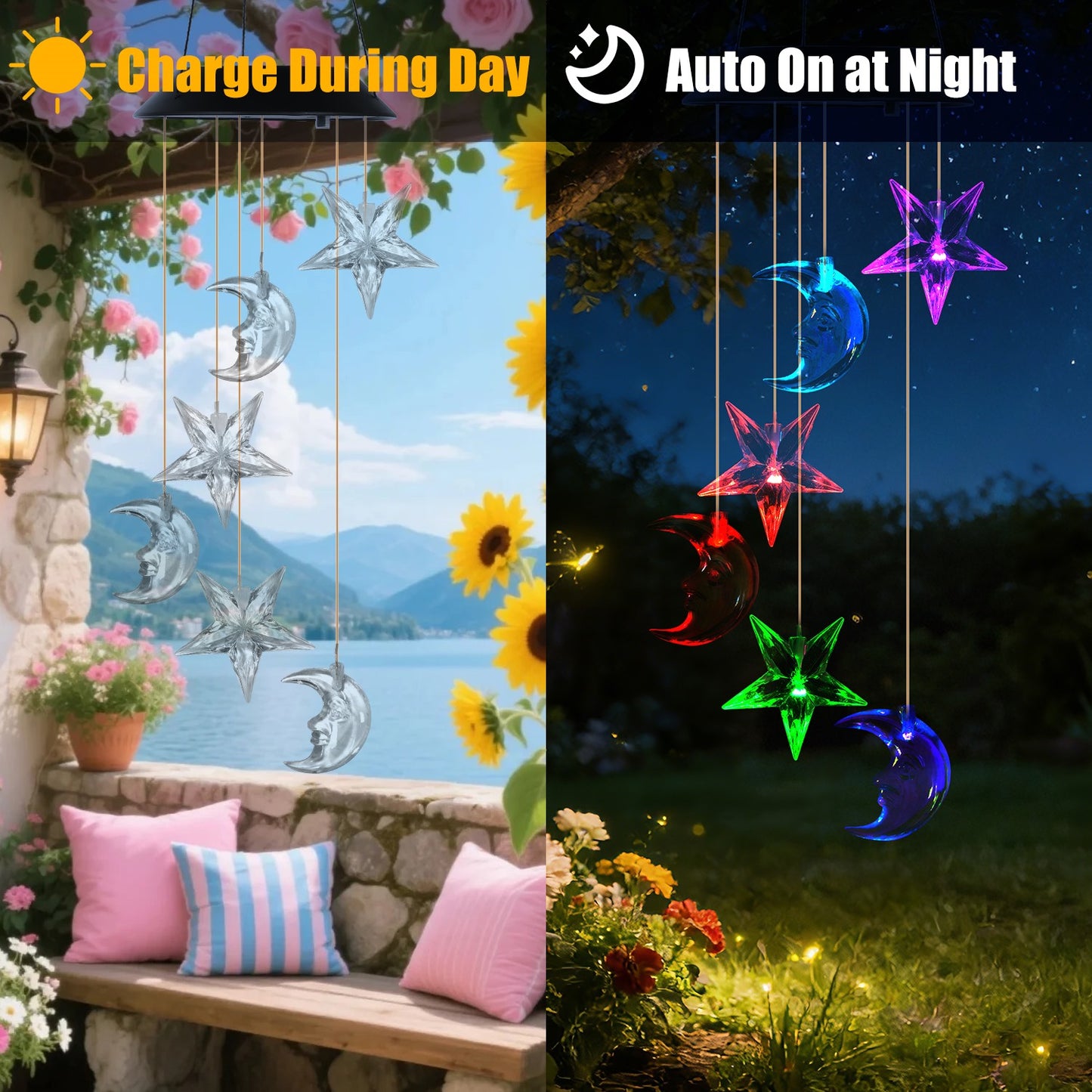 Two-pack solar moon and star wind chimes - image 9